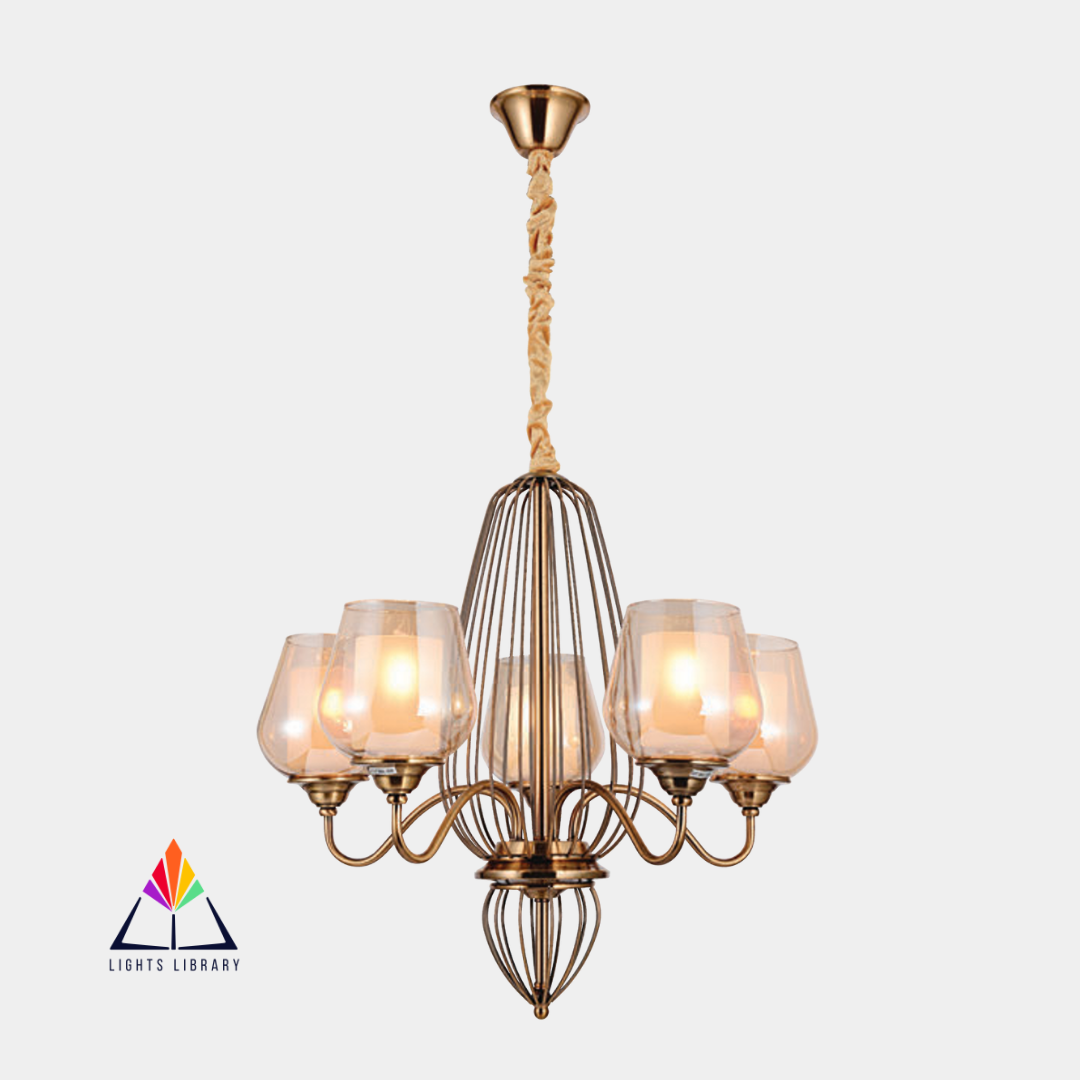 Timeless Elegance: Brass Wireframe Chandelier with Glass Shades