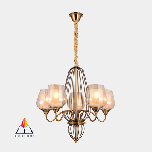 Timeless Elegance: Brass Wireframe Chandelier with Glass Shades