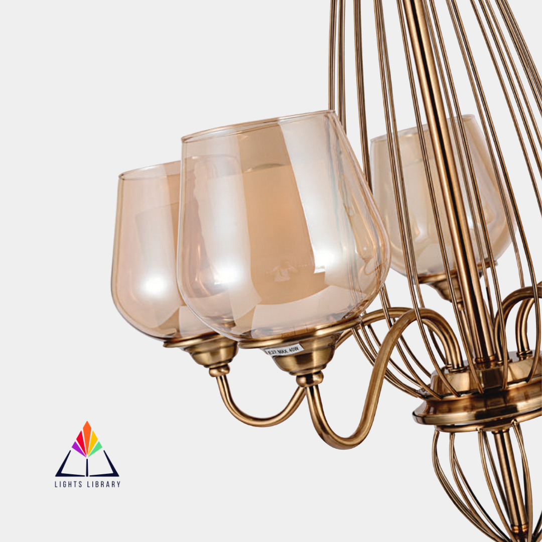 Timeless Elegance: Brass Wireframe Chandelier with Glass Shades