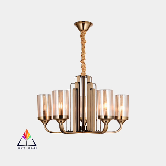 Art Deco Revival: Brass Chandelier with Cylindrical Glass Shades