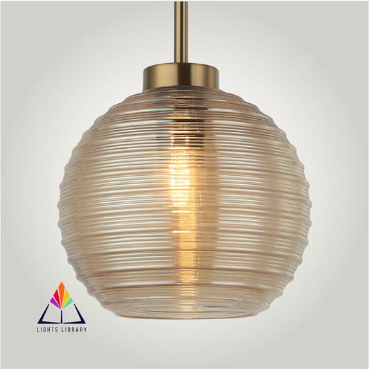 Ribbed Amber Sphere Pendant Light