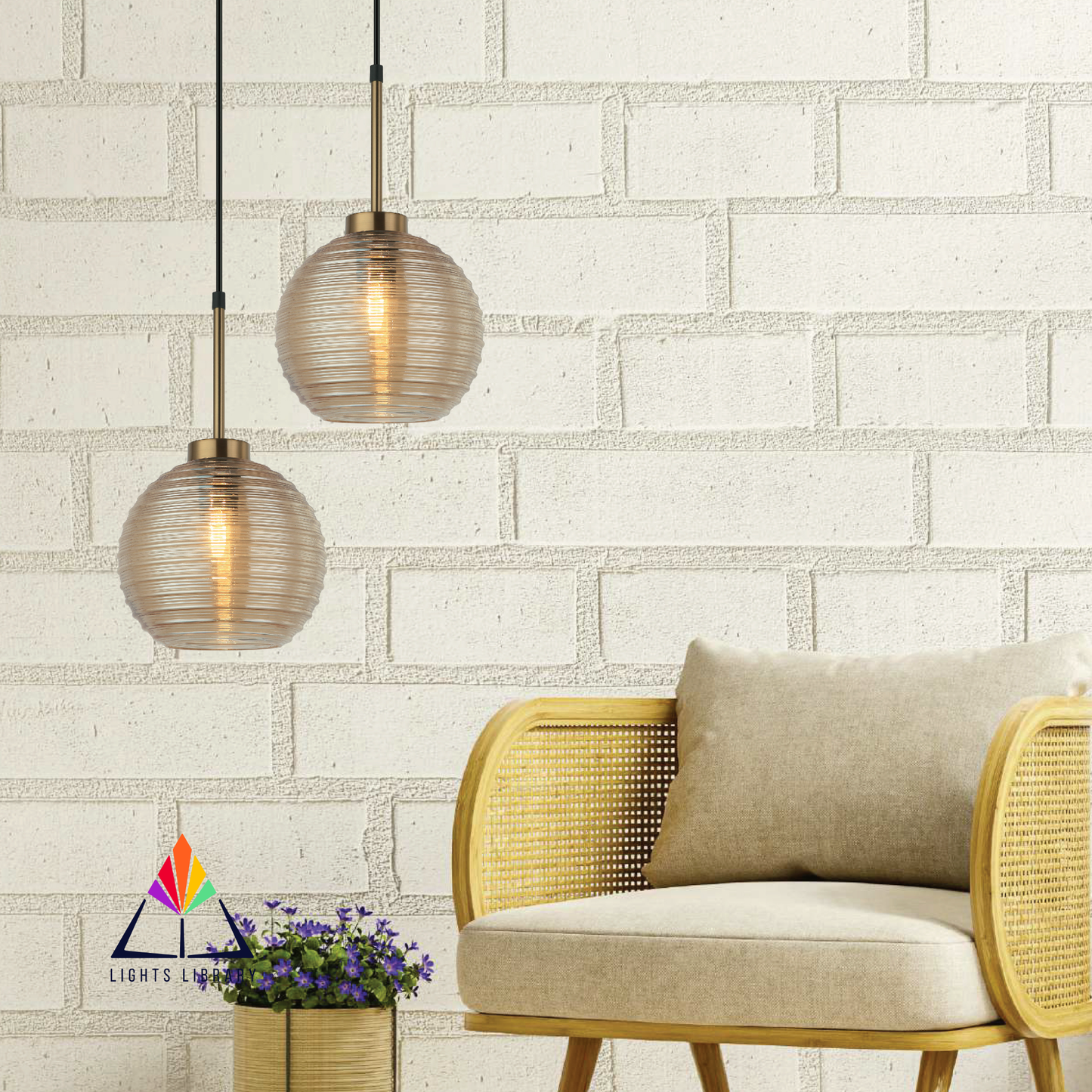 Ribbed Amber Sphere Pendant Light